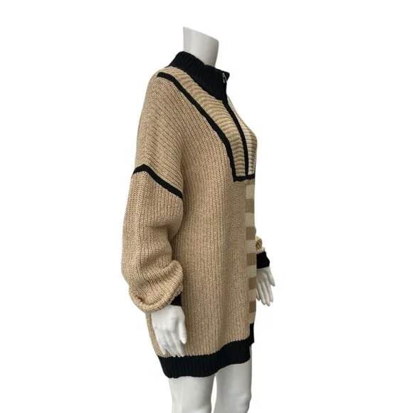 $295 Staud Tan Stripe Mock Neck Zip Hampton Sweater size L - Picture 4 of 7